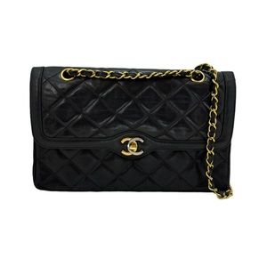 Auth Chanel Paris Double Flap Bag Vintage Black Lambskin